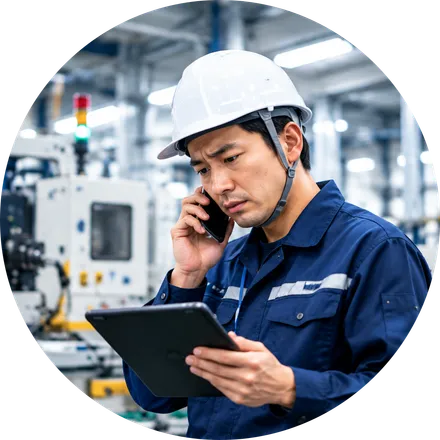 タブレットを持ちながら電話で確認する作業員