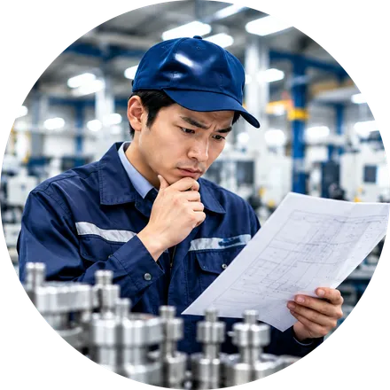 設計図を見て考え込む作業員