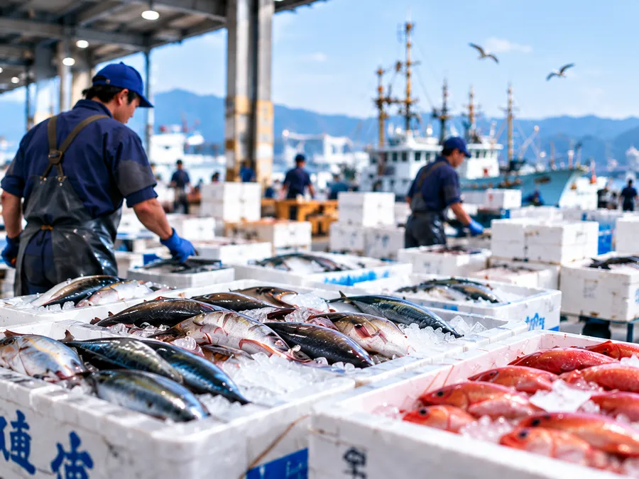 鮮魚が並ぶ市場のイメージ