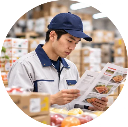 商品チラシを確認する担当者