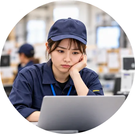 パソコンの前で困った表情をする担当者